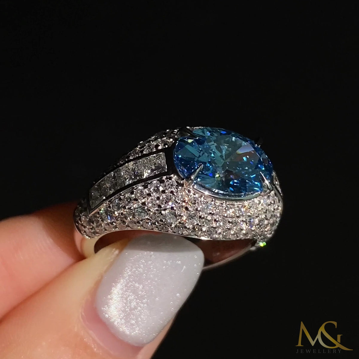 Lab-grown 3ct blue diamond dome ring in 14K white gold