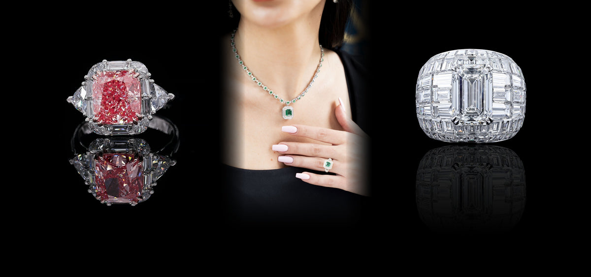 M&G Jewellery model wearing a lab-grown emerald necklace, with a pink diamond engagement ring and an invisible-set diamond ring